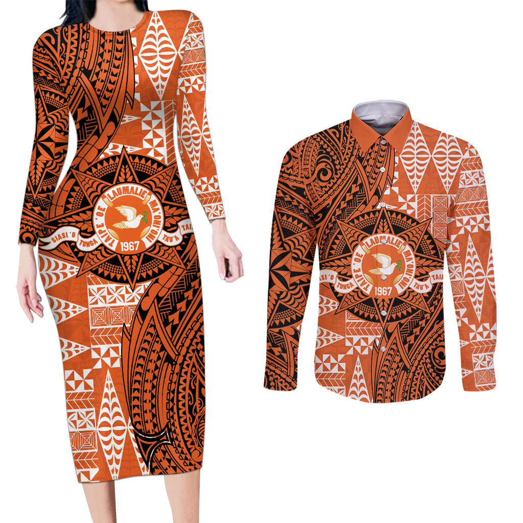 Personalised Tonga Tailulu College Couples Matching Long Sleeve Bodycon Dress and Long Sleeve Button Shirt Since 1967 Special Kupesi Pattern Version 2