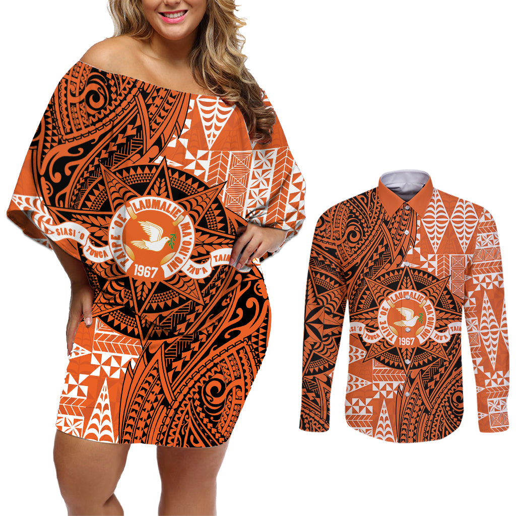 Personalised Tonga Tailulu College Couples Matching Off Shoulder Short Dress and Long Sleeve Button Shirt Since 1967 Special Kupesi Pattern Version 2