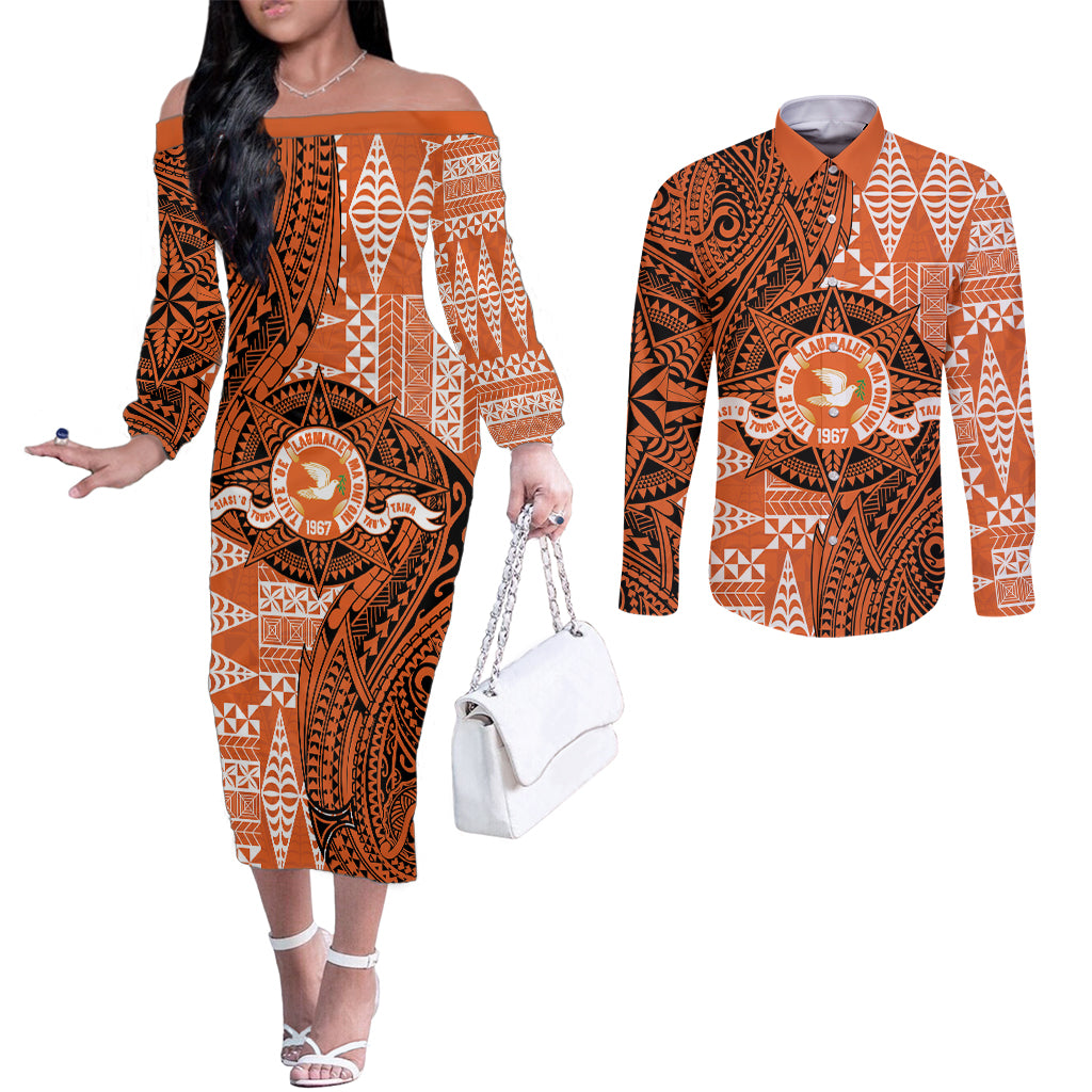 Personalised Tonga Tailulu College Couples Matching Off The Shoulder Long Sleeve Dress and Long Sleeve Button Shirt Since 1967 Special Kupesi Pattern Version 2