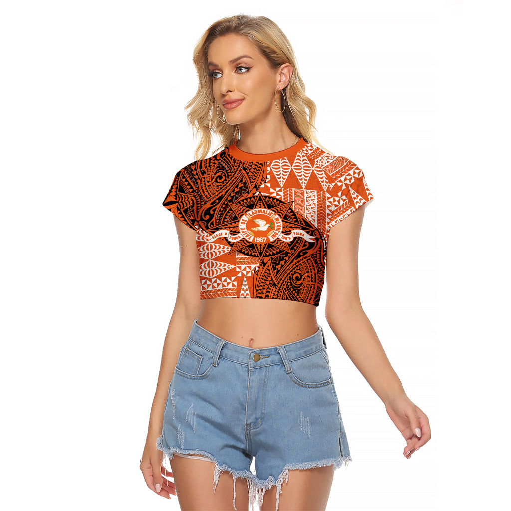 Personalised Tonga Tailulu College Raglan Cropped T Shirt Since 1967 Special Kupesi Pattern Version 2 LT9 Female Black - Polynesian Pride