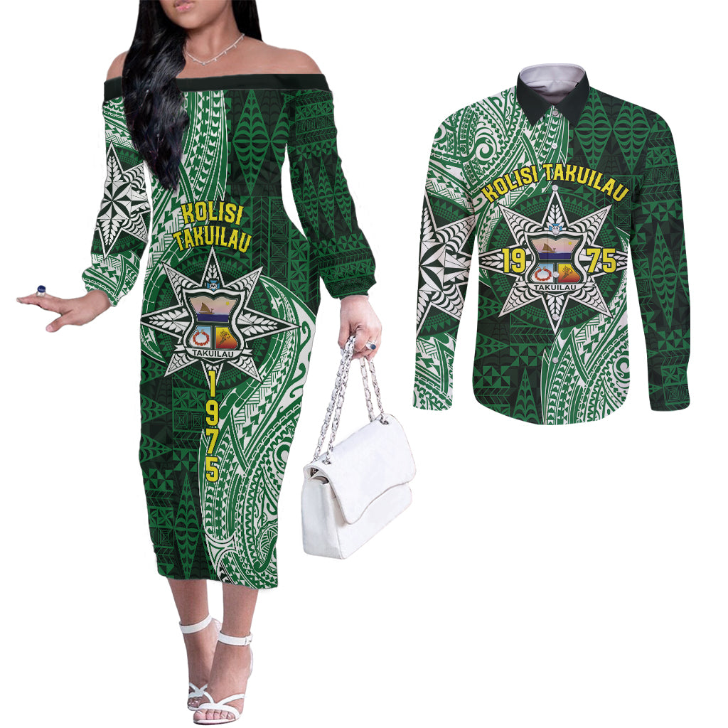 Personalised Tonga Takuilau College Couples Matching Off The Shoulder Long Sleeve Dress and Long Sleeve Button Shirt Since 1975 Special Kupesi Pattern