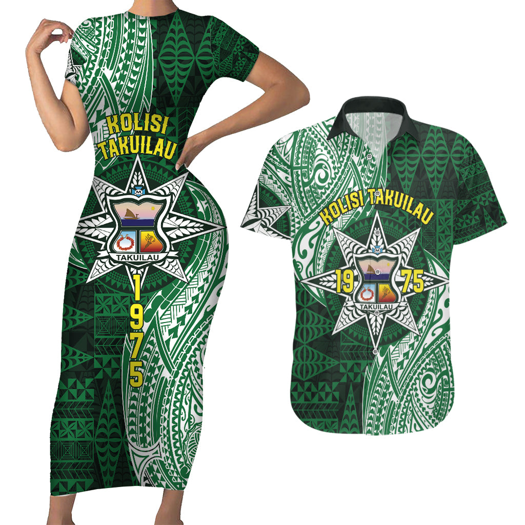 Personalised Tonga Takuilau College Couples Matching Short Sleeve Bodycon Dress and Hawaiian Shirt Since 1975 Special Kupesi Pattern