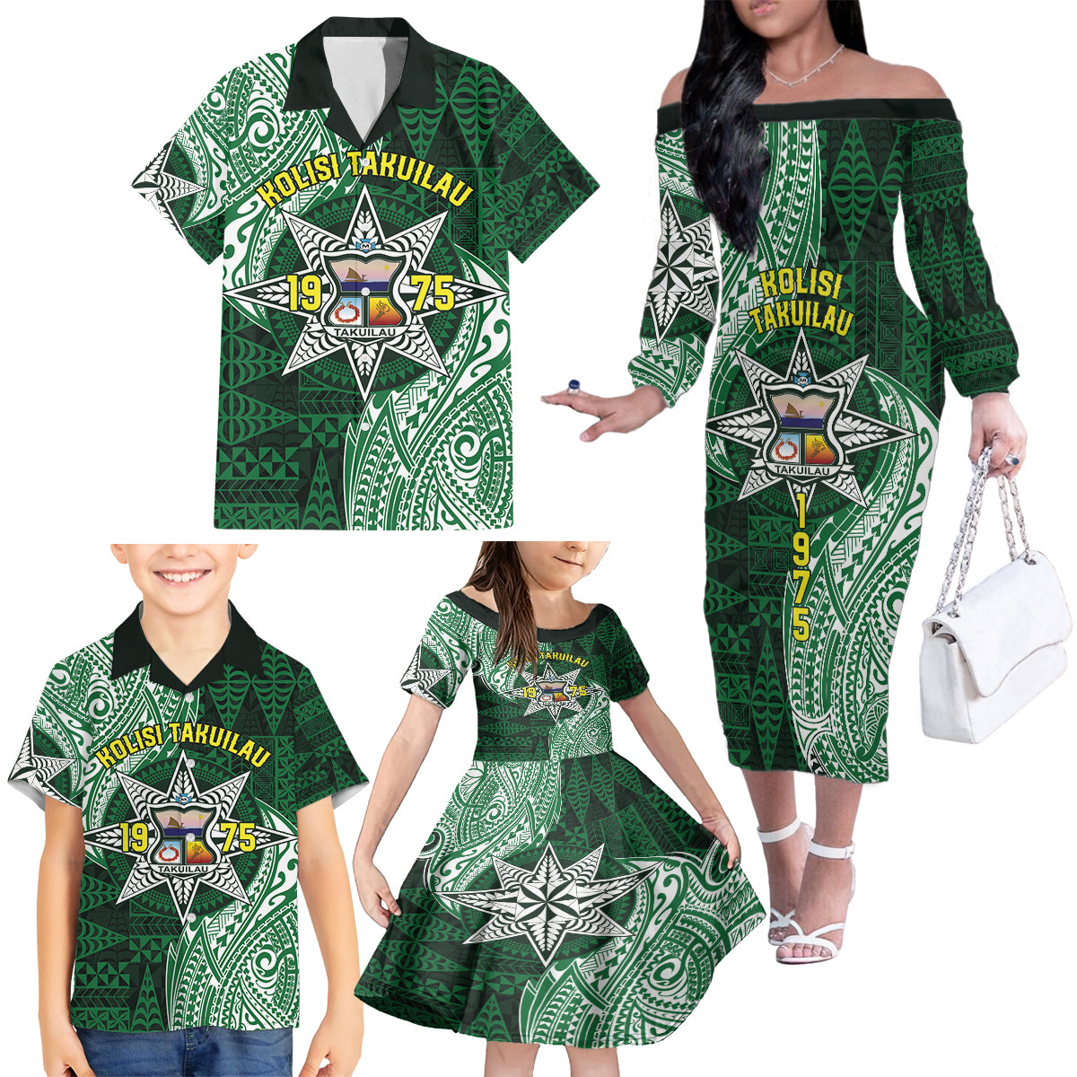 Personalised Tonga Takuilau College Family Matching Off The Shoulder Long Sleeve Dress and Hawaiian Shirt Since 1975 Special Kupesi Pattern