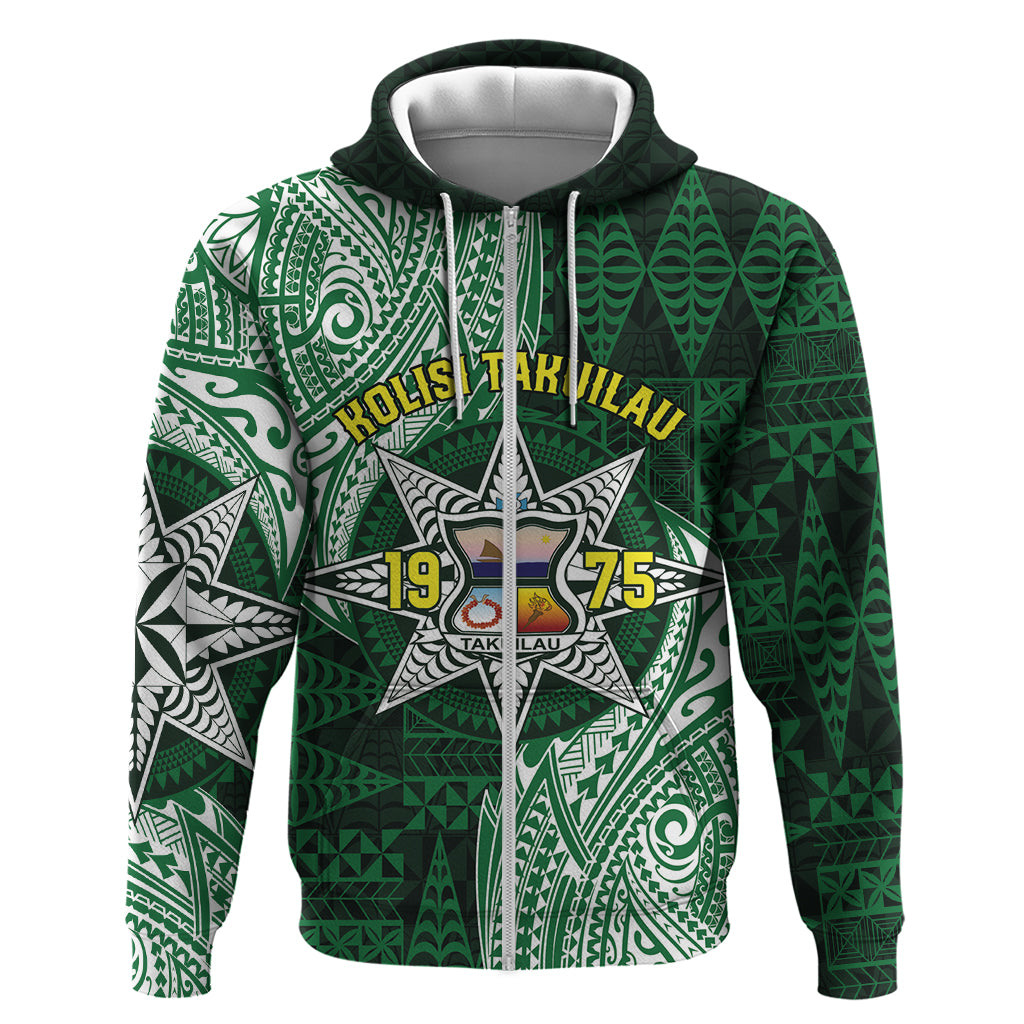 Personalised Tonga Takuilau College Hoodie Since 1975 Special Kupesi Pattern LT9 Zip Hoodie Green - Polynesian Pride