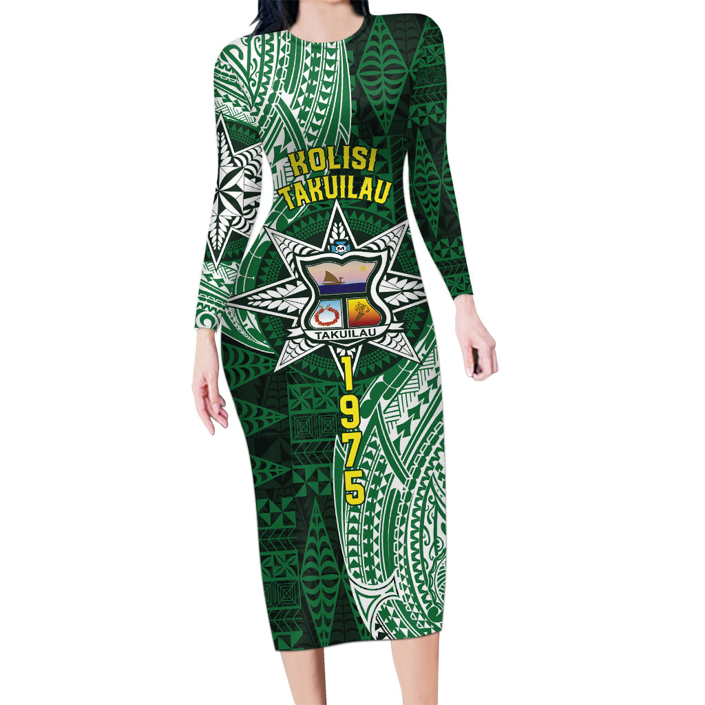 Personalised Tonga Takuilau College Long Sleeve Bodycon Dress Since 1975 Special Kupesi Pattern LT9 Long Dress Green - Polynesian Pride