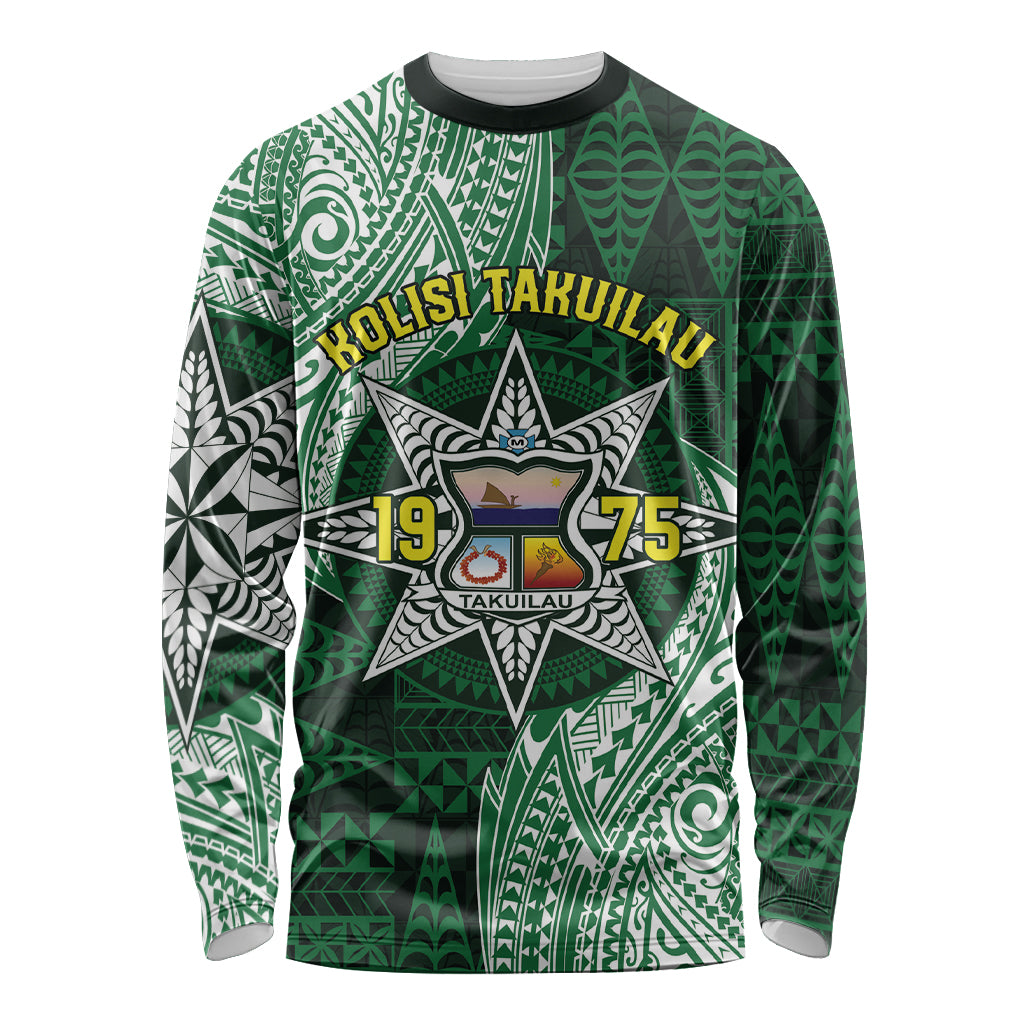 Personalised Tonga Takuilau College Long Sleeve Shirt Since 1975 Special Kupesi Pattern LT9 Unisex Green - Polynesian Pride