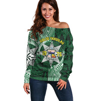 Personalised Tonga Takuilau College Off Shoulder Sweater Since 1975 Special Kupesi Pattern LT9 Women Green - Polynesian Pride