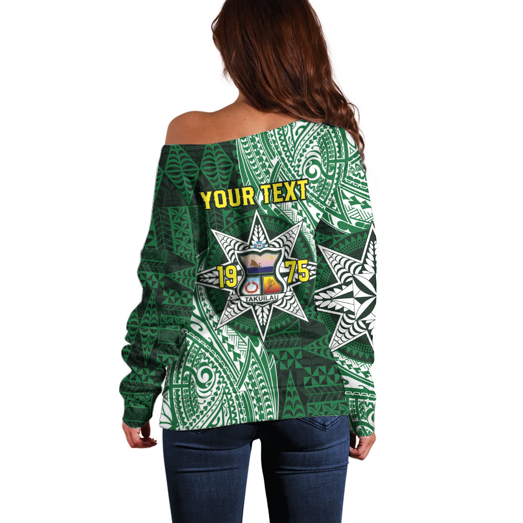 Personalised Tonga Takuilau College Off Shoulder Sweater Since 1975 Special Kupesi Pattern LT9 - Polynesian Pride