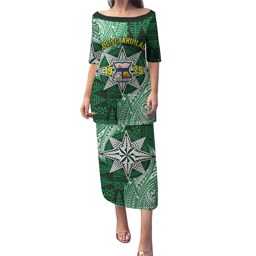 Personalised Tonga Takuilau College Puletasi Since 1975 Special Kupesi Pattern LT9 Long Dress Green - Polynesian Pride