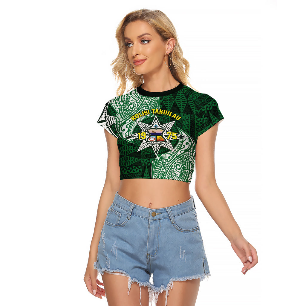 Personalised Tonga Takuilau College Raglan Cropped T Shirt Since 1975 Special Kupesi Pattern LT9 Female Green - Polynesian Pride