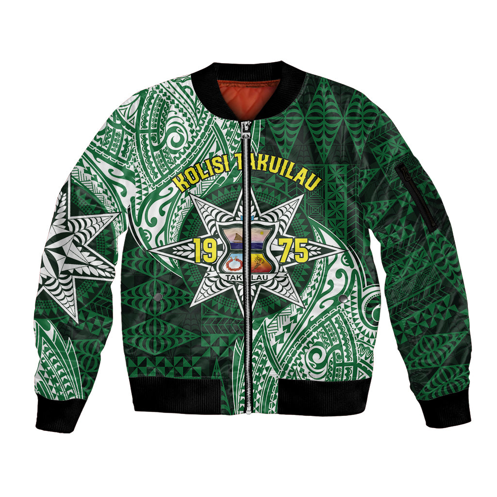 Personalised Tonga Takuilau College Sleeve Zip Bomber Jacket Since 1975 Special Kupesi Pattern LT9 Unisex Green - Polynesian Pride