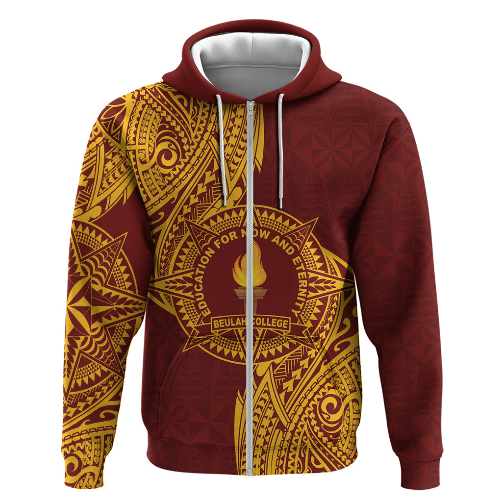 Personalised Tonga Beulah College Hoodie Since 1938 Special Kupesi Pattern LT9 Zip Hoodie Gold - Polynesian Pride