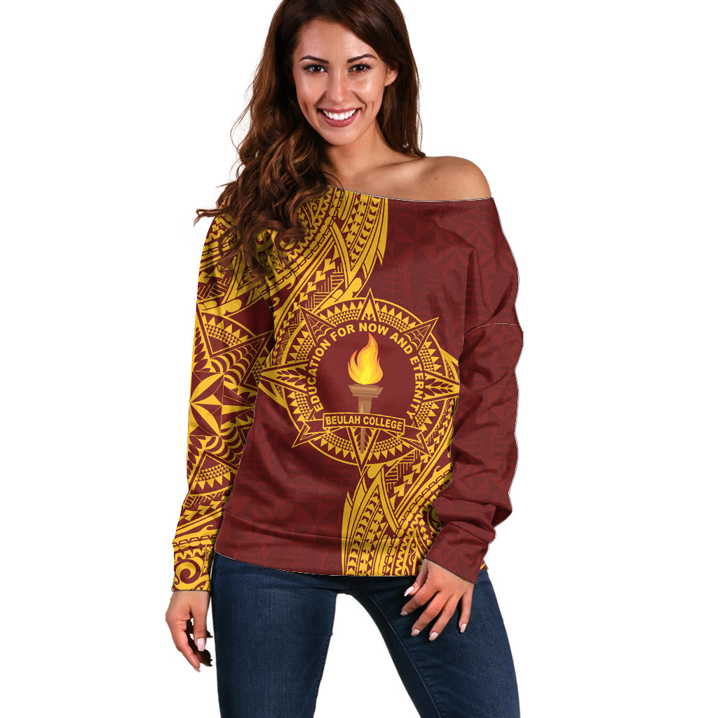 Personalised Tonga Beulah College Off Shoulder Sweater Since 1938 Special Kupesi Pattern LT9 Women Gold - Polynesian Pride