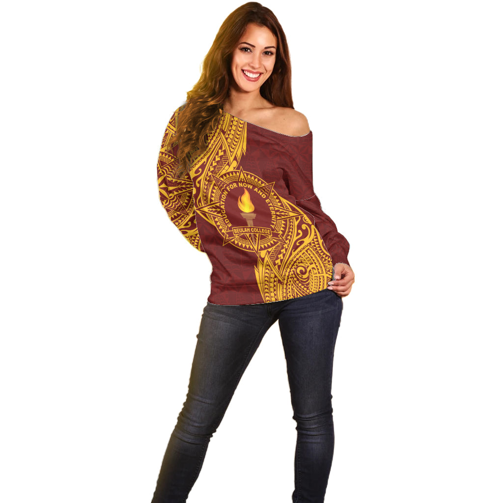 Personalised Tonga Beulah College Off Shoulder Sweater Since 1938 Special Kupesi Pattern LT9 - Polynesian Pride