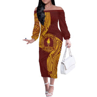 Personalised Tonga Beulah College Off The Shoulder Long Sleeve Dress Since 1938 Special Kupesi Pattern LT9 Women Gold - Polynesian Pride