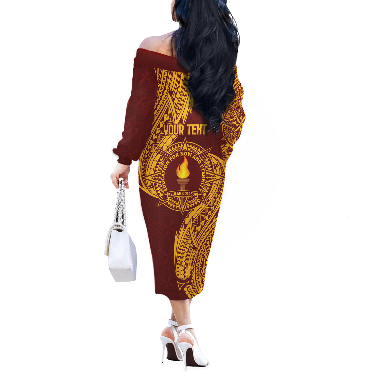 Personalised Tonga Beulah College Off The Shoulder Long Sleeve Dress Since 1938 Special Kupesi Pattern LT9 - Polynesian Pride