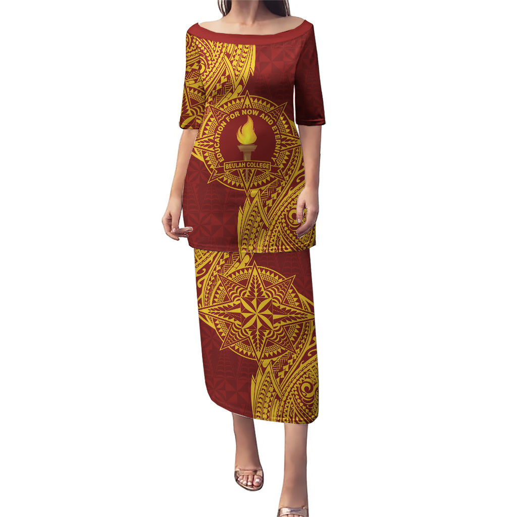 Personalised Tonga Beulah College Puletasi Since 1938 Special Kupesi Pattern LT9 Long Dress Gold - Polynesian Pride