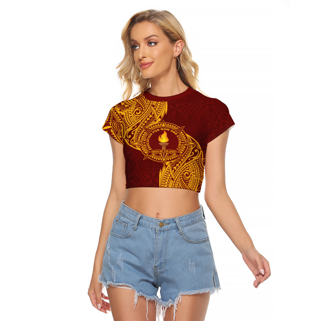 Personalised Tonga Beulah College Raglan Cropped T Shirt Since 1938 Special Kupesi Pattern LT9 Female Gold - Polynesian Pride