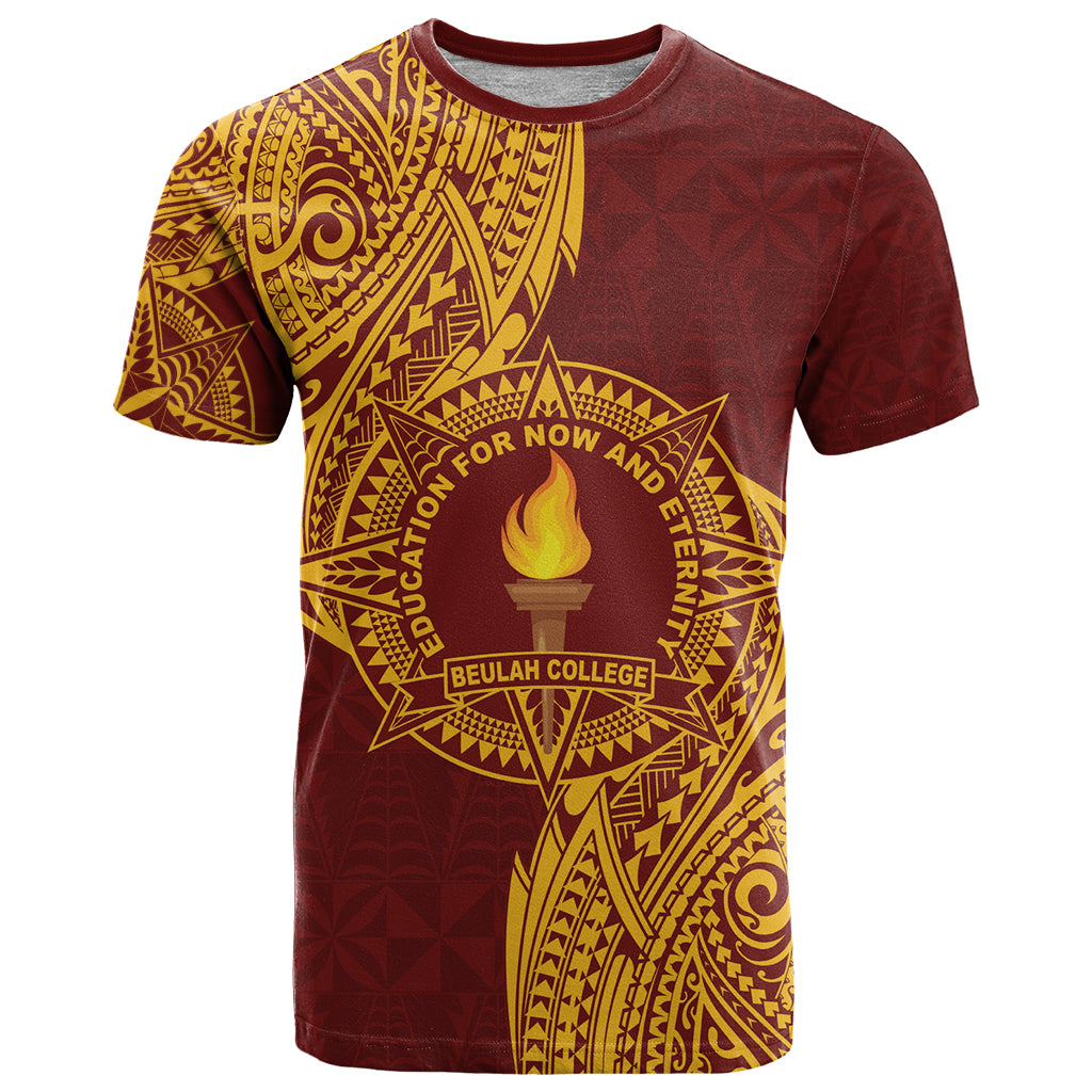 Personalised Tonga Beulah College T Shirt Since 1938 Special Kupesi Pattern LT9 Gold - Polynesian Pride