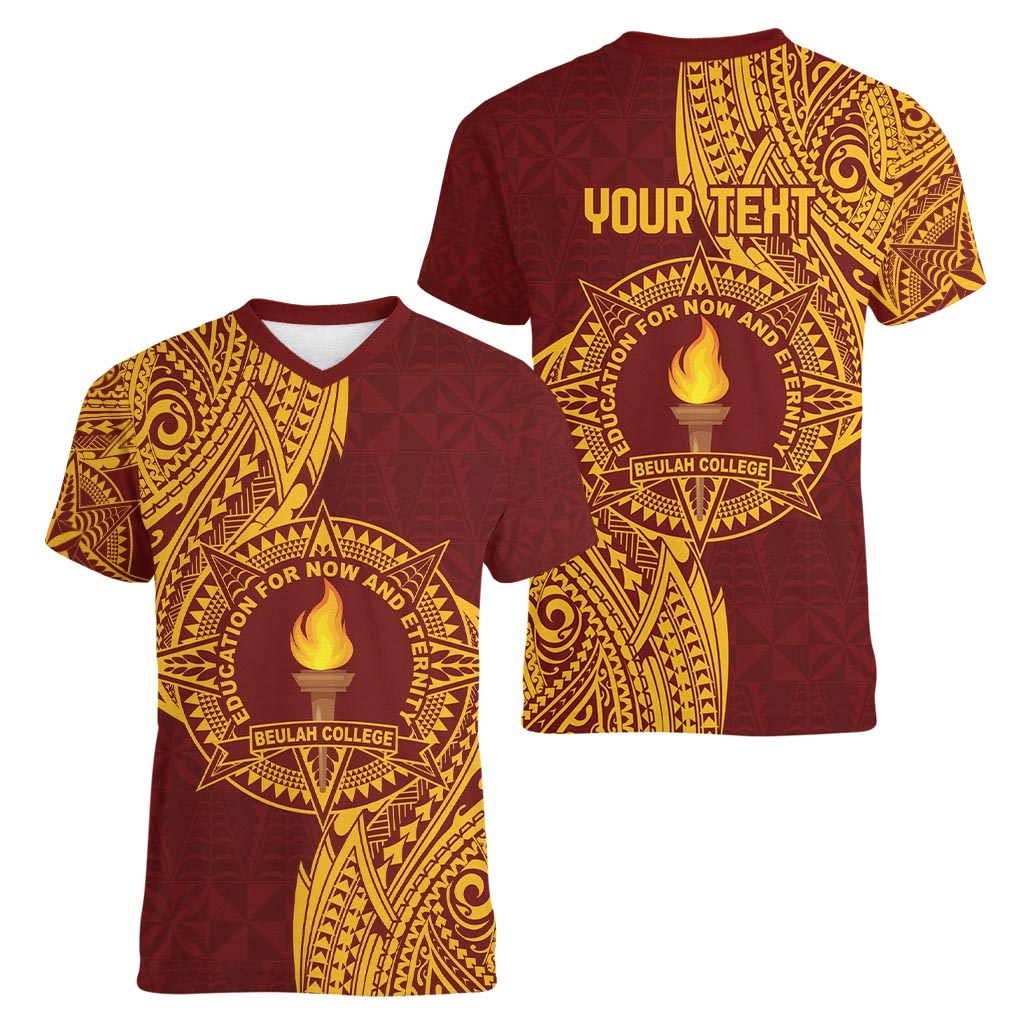 Personalised Tonga Beulah College Women V-Neck T-Shirt Since 1938 Special Kupesi Pattern LT9 - Polynesian Pride