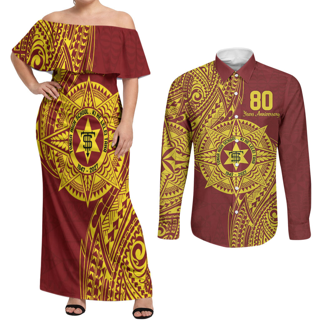 Personalised Tonga High School 80th Anniversary Couples Matching Off Shoulder Maxi Dress and Long Sleeve Button Shirt Special Kupesi Pattern LT9 Gold - Polynesian Pride