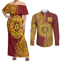 Personalised Tonga High School 80th Anniversary Couples Matching Off Shoulder Maxi Dress and Long Sleeve Button Shirt Special Kupesi Pattern LT9 Gold - Polynesian Pride