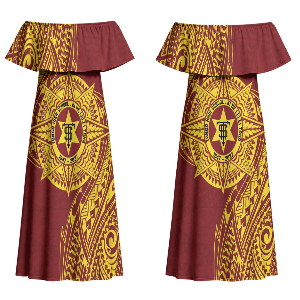Personalised Tonga High School 80th Anniversary Couples Matching Off Shoulder Maxi Dress and Long Sleeve Button Shirt Special Kupesi Pattern LT9 - Polynesian Pride