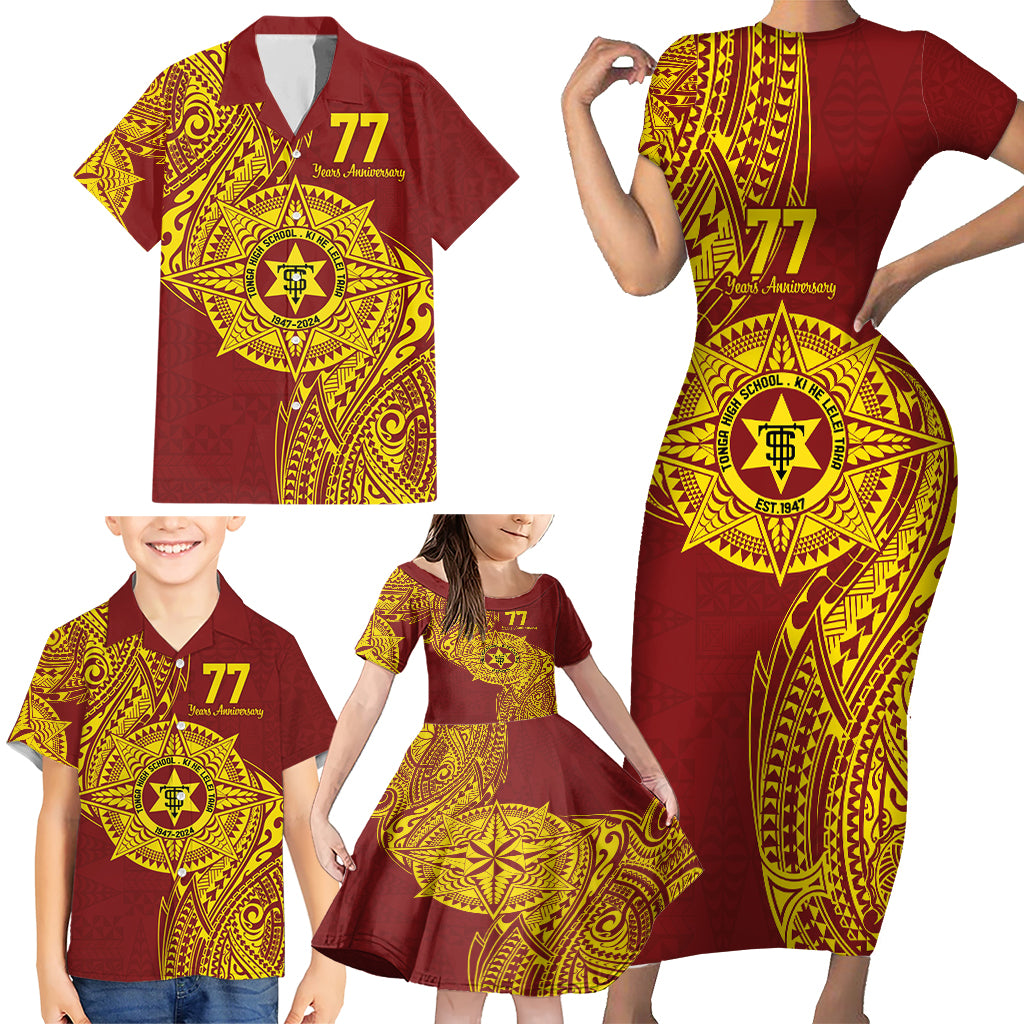 Personalised Tonga High School 77th Anniversary Family Matching Short Sleeve Bodycon Dress and Hawaiian Shirt Special Kupesi Pattern