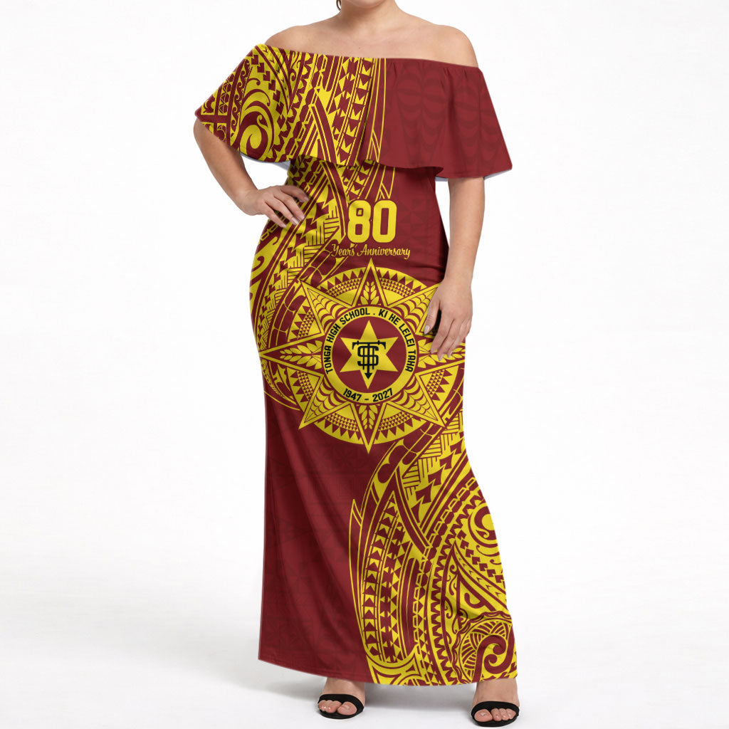 Personalised Tonga High School 77th Anniversary Off Shoulder Maxi Dress Special Kupesi Pattern LT9 Women Gold - Polynesian Pride