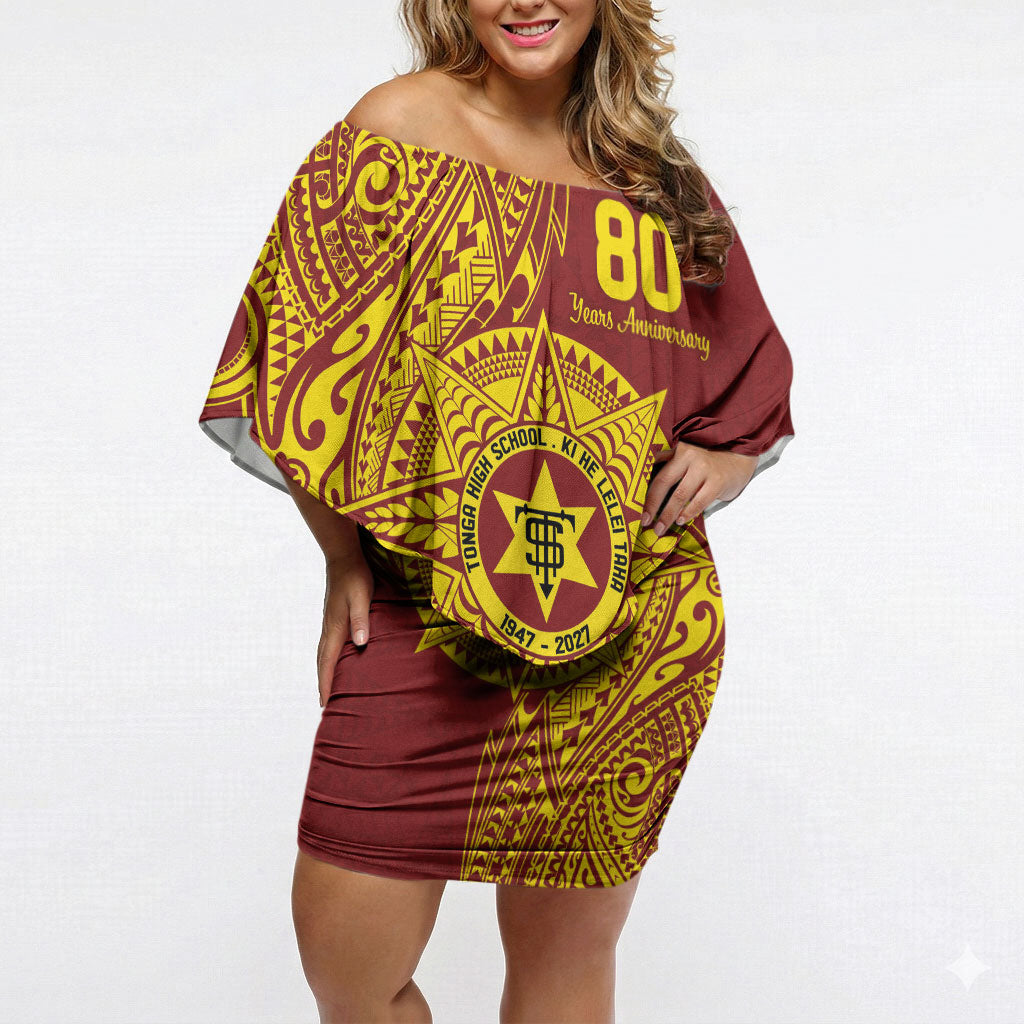 Personalised Tonga High School 80th Anniversary Off Shoulder Short Dress Special Kupesi Pattern LT9 Women Gold - Polynesian Pride