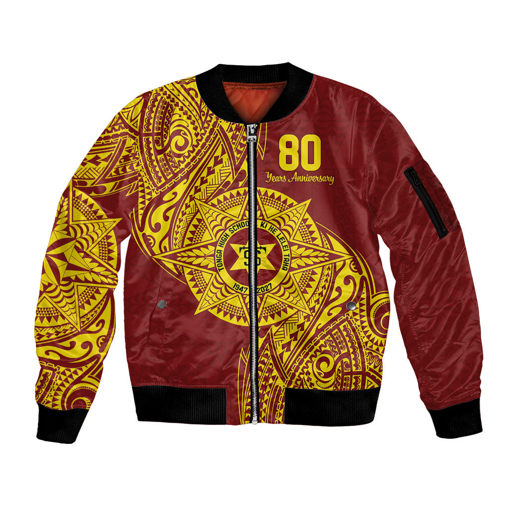 Personalised Tonga High School 77th Anniversary Sleeve Zip Bomber Jacket Special Kupesi Pattern LT9 Unisex Gold - Polynesian Pride