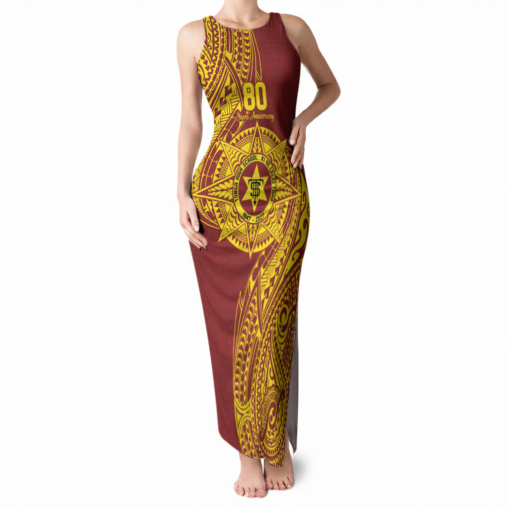 Personalised Tonga High School 80th Anniversary Tank Maxi Dress Special Kupesi Pattern LT9 Women Gold - Polynesian Pride