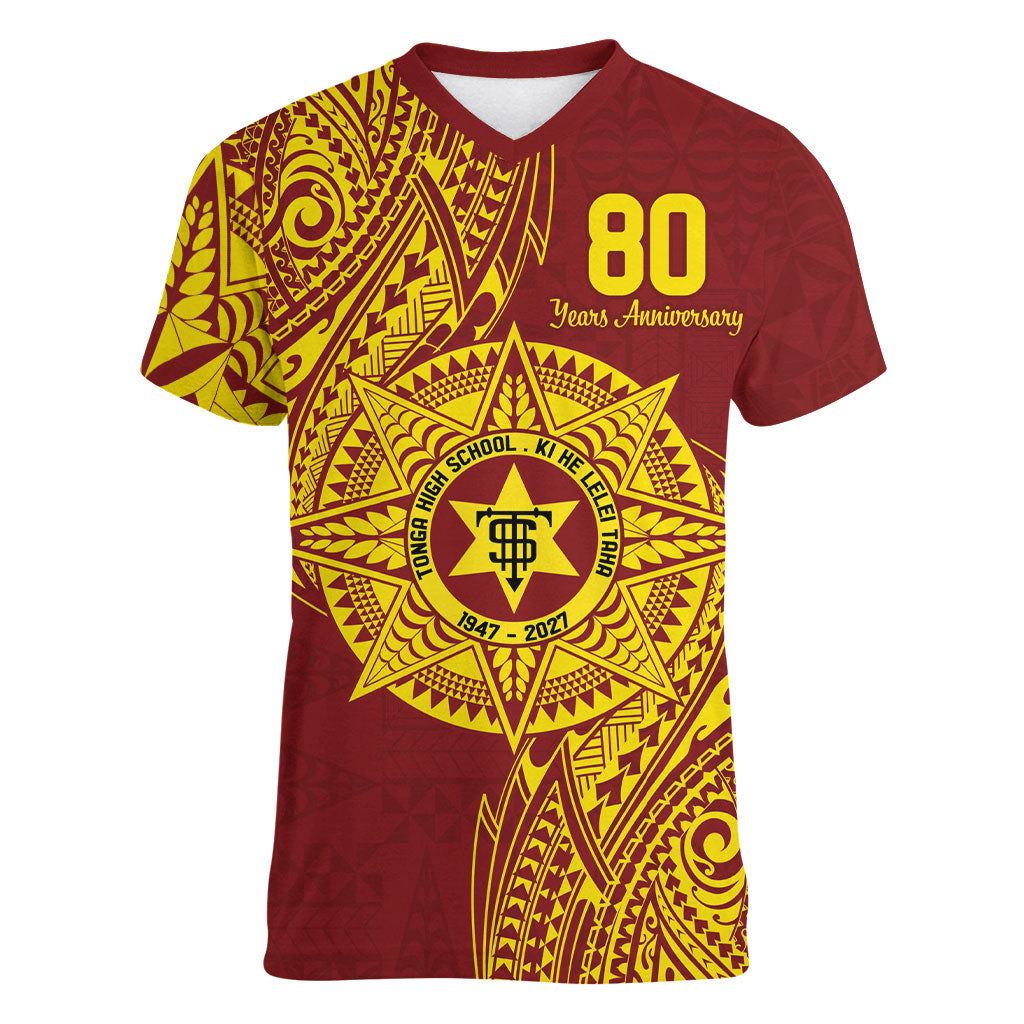 Personalised Tonga High School 80th Anniversary Women V-Neck T-Shirt Special Kupesi Pattern LT9 Female Gold - Polynesian Pride