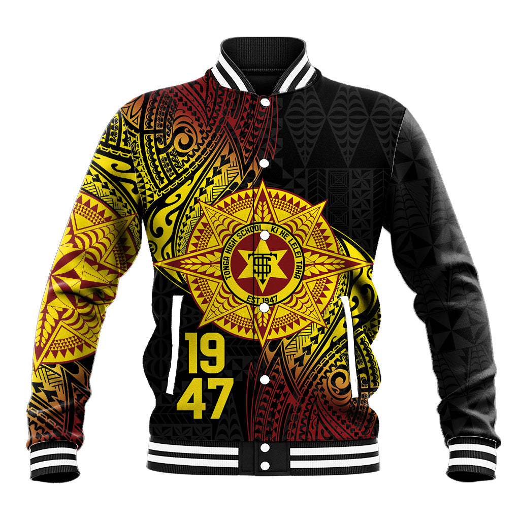 Personalised Tonga High School Baseball Jacket Since 1947 Special Kupesi Pattern LT9 Unisex Black - Polynesian Pride