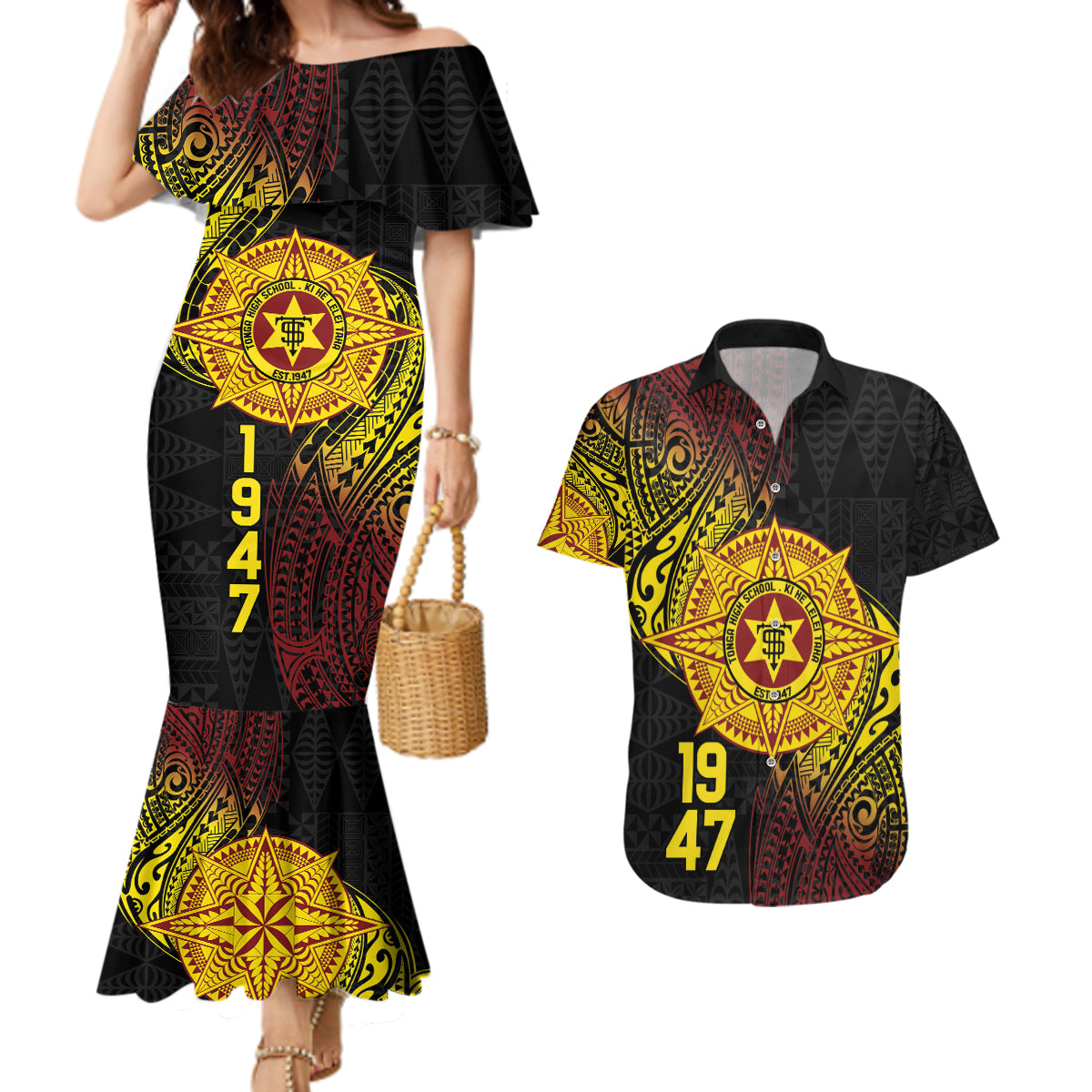 Personalised Tonga High School Couples Matching Mermaid Dress and Hawaiian Shirt Since 1947 Special Kupesi Pattern