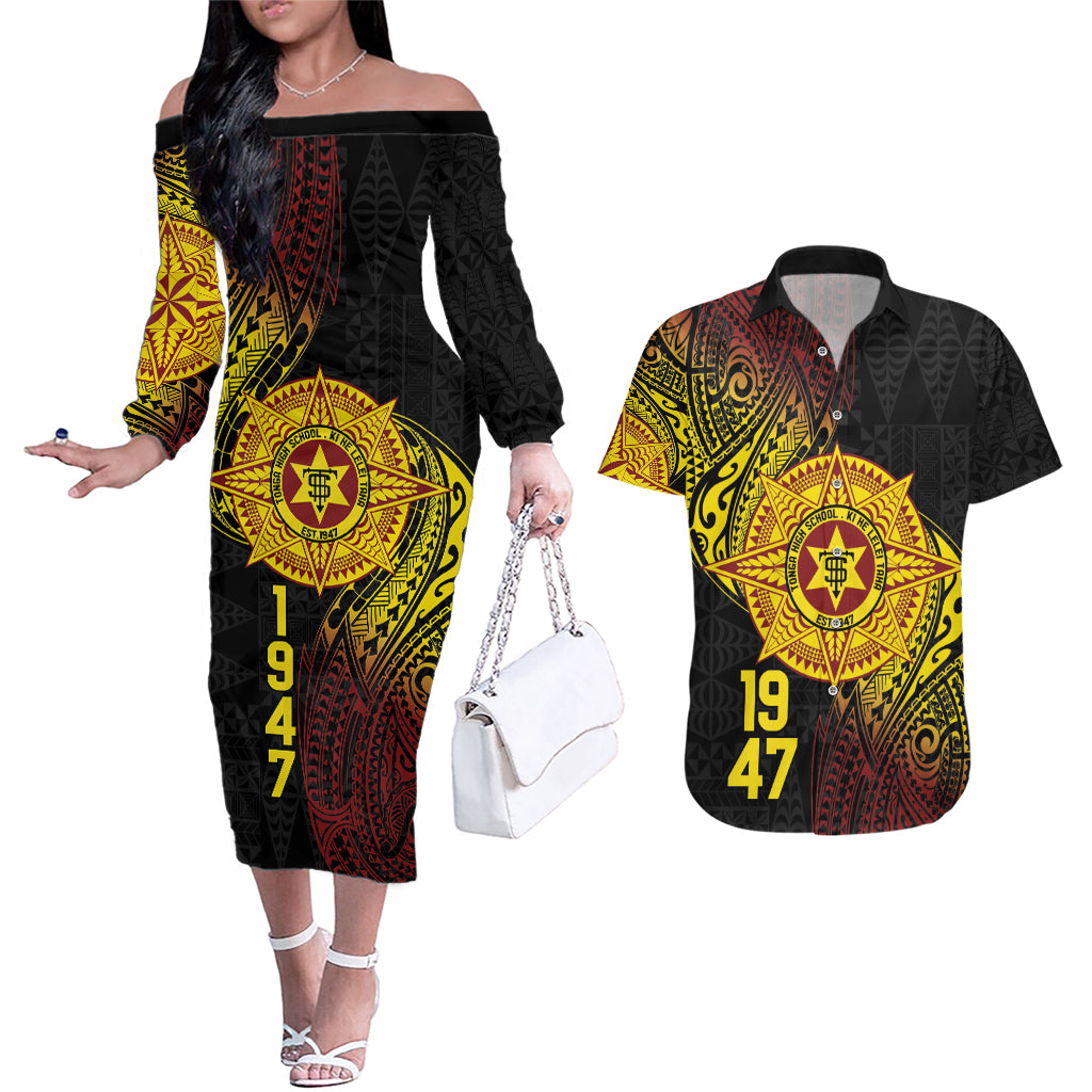 Personalised Tonga High School Couples Matching Off The Shoulder Long Sleeve Dress and Hawaiian Shirt Since 1947 Special Kupesi Pattern