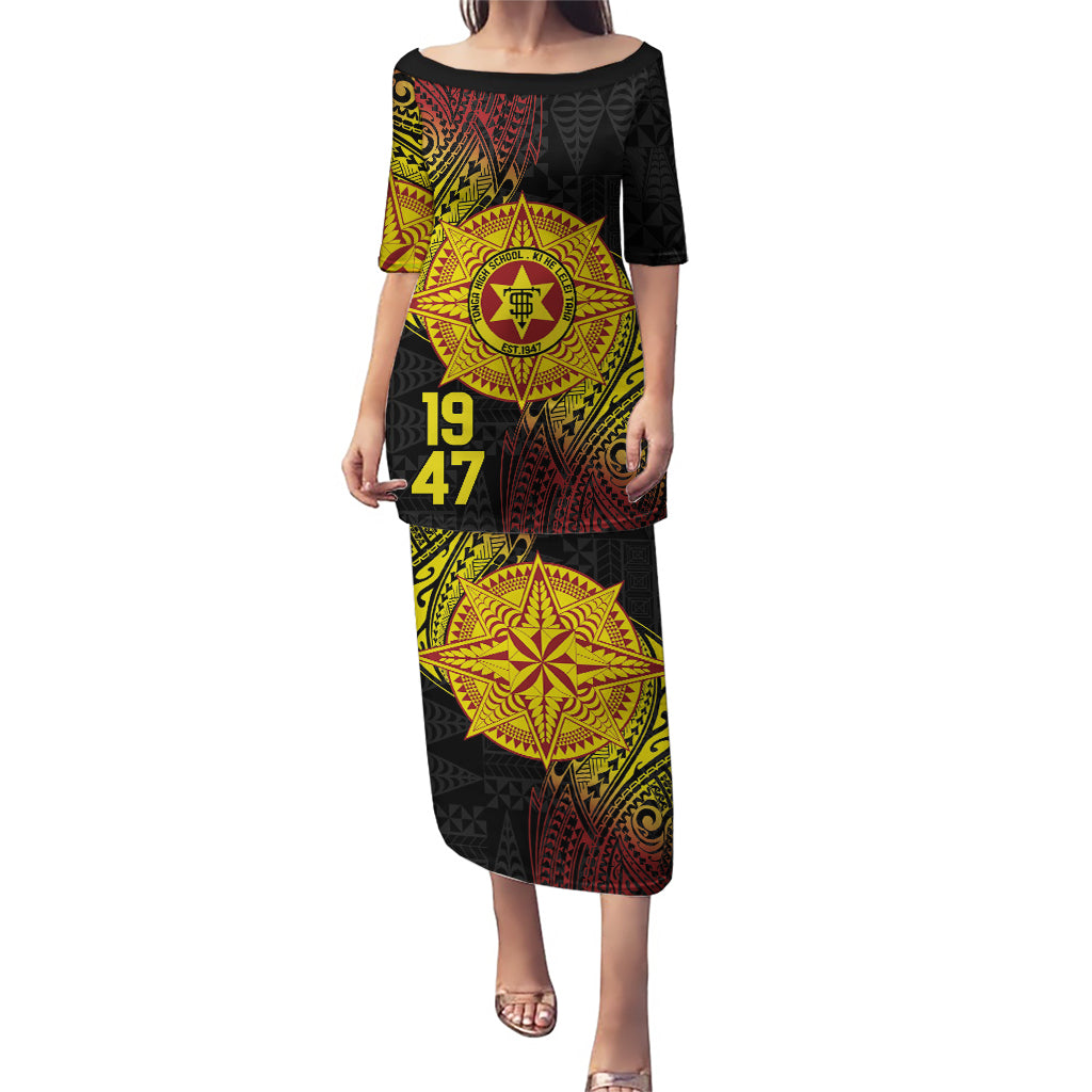 Personalised Tonga High School Puletasi Since 1947 Special Kupesi Pattern LT9 Long Dress Black - Polynesian Pride
