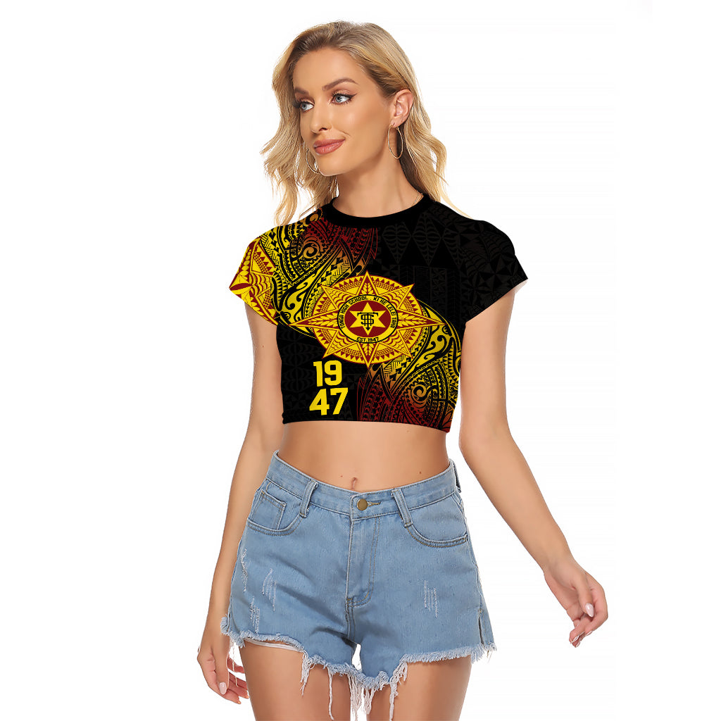 Personalised Tonga High School Raglan Cropped T Shirt Since 1947 Special Kupesi Pattern LT9 Female Black - Polynesian Pride