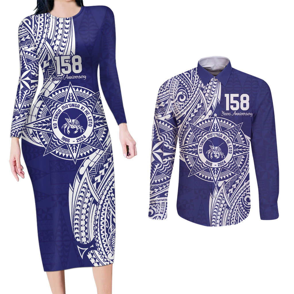 Personalised Tonga Tupou College Tolo 158th Anniversary Couples Matching Long Sleeve Bodycon Dress and Long Sleeve Button Shirt Special Kupesi Pattern