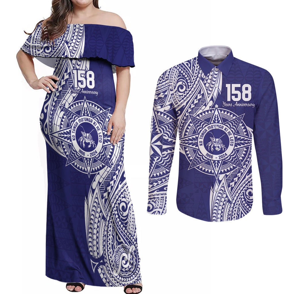 Personalised Tonga Tupou College Tolo 158th Anniversary Couples Matching Off Shoulder Maxi Dress and Long Sleeve Button Shirt Special Kupesi Pattern