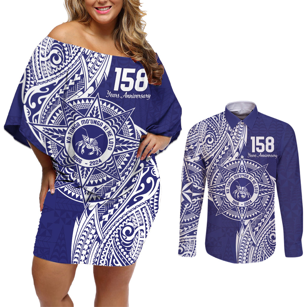 Personalised Tonga Tupou College Tolo 158th Anniversary Couples Matching Off Shoulder Short Dress and Long Sleeve Button Shirt Special Kupesi Pattern