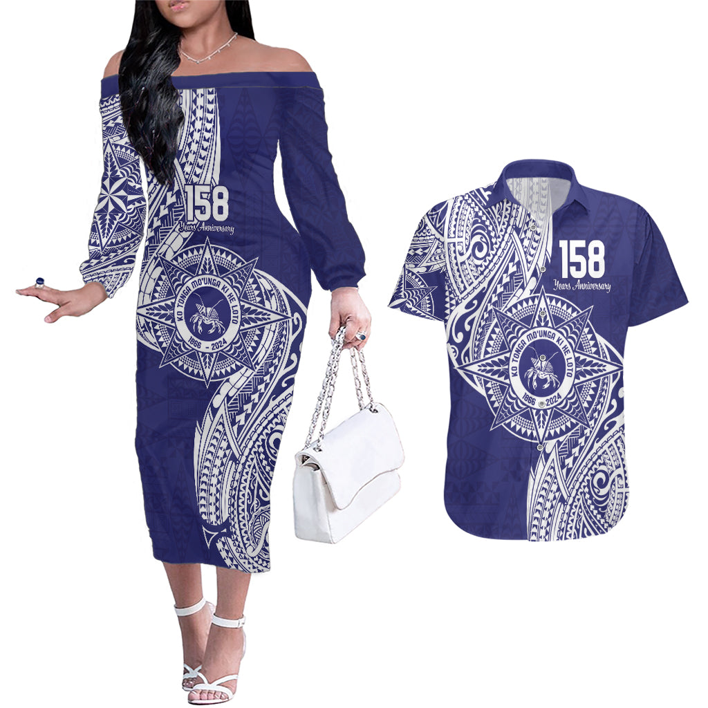 Personalised Tonga Tupou College Tolo 158th Anniversary Couples Matching Off The Shoulder Long Sleeve Dress and Hawaiian Shirt Special Kupesi Pattern