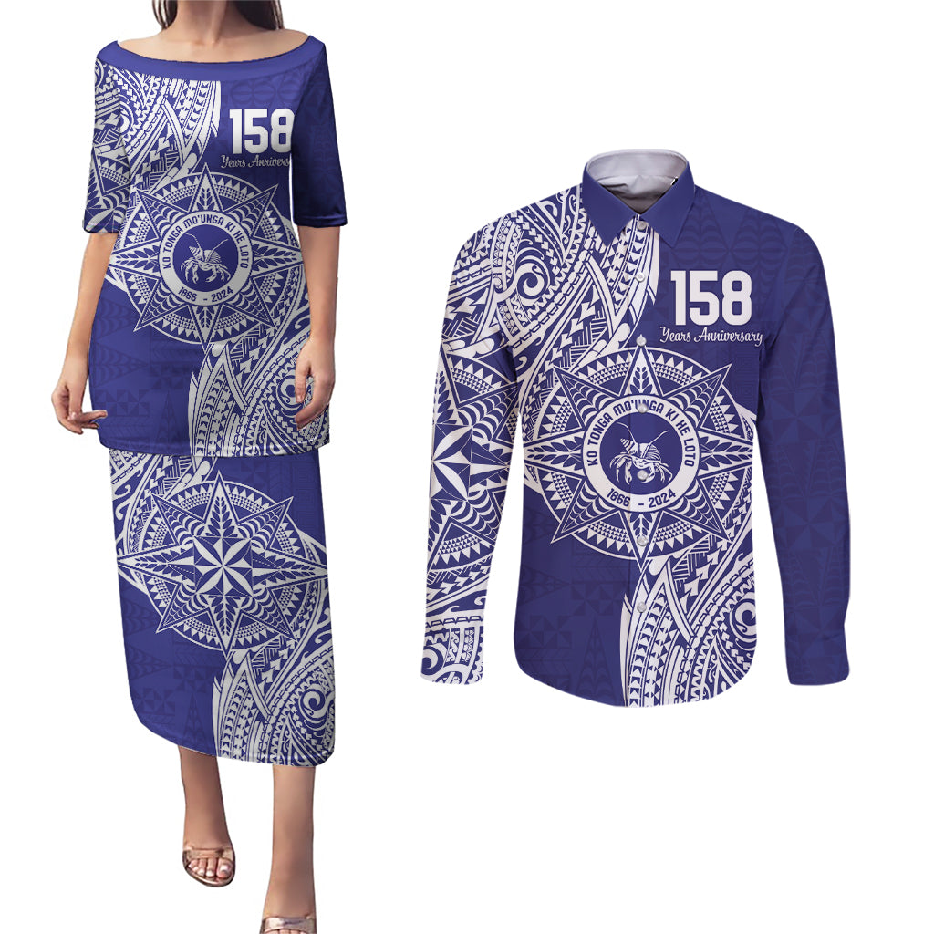 Personalised Tonga Tupou College Tolo 158th Anniversary Couples Matching Puletasi and Long Sleeve Button Shirt Special Kupesi Pattern