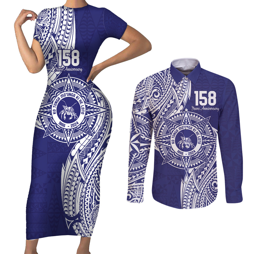 Personalised Tonga Tupou College Tolo 158th Anniversary Couples Matching Short Sleeve Bodycon Dress and Long Sleeve Button Shirt Special Kupesi Pattern