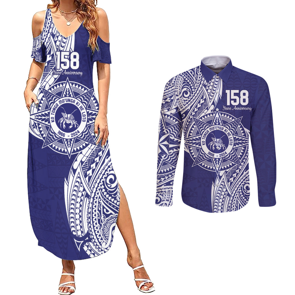 Personalised Tonga Tupou College Tolo 158th Anniversary Couples Matching Summer Maxi Dress and Long Sleeve Button Shirt Special Kupesi Pattern