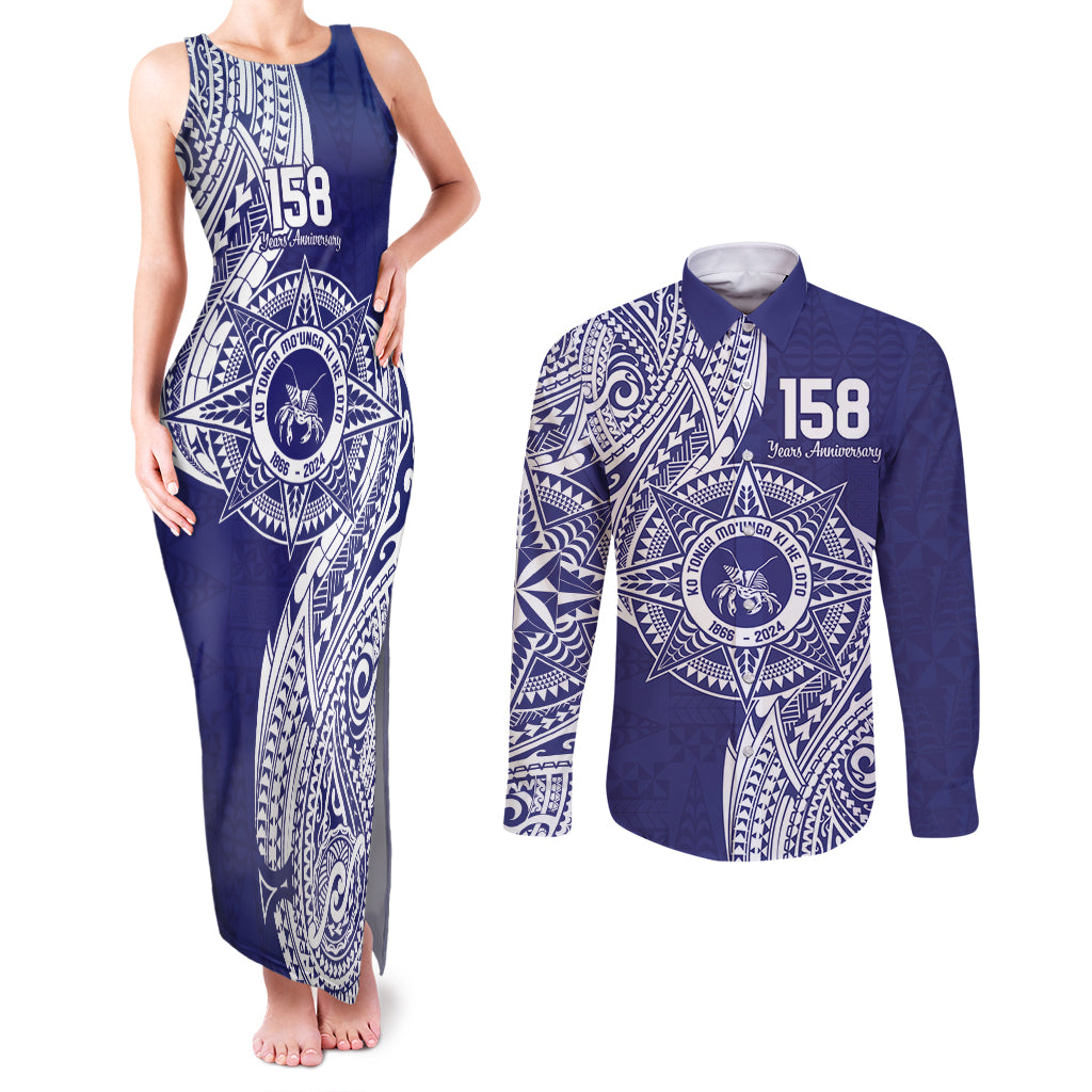 Personalised Tonga Tupou College Tolo 158th Anniversary Couples Matching Tank Maxi Dress and Long Sleeve Button Shirt Special Kupesi Pattern