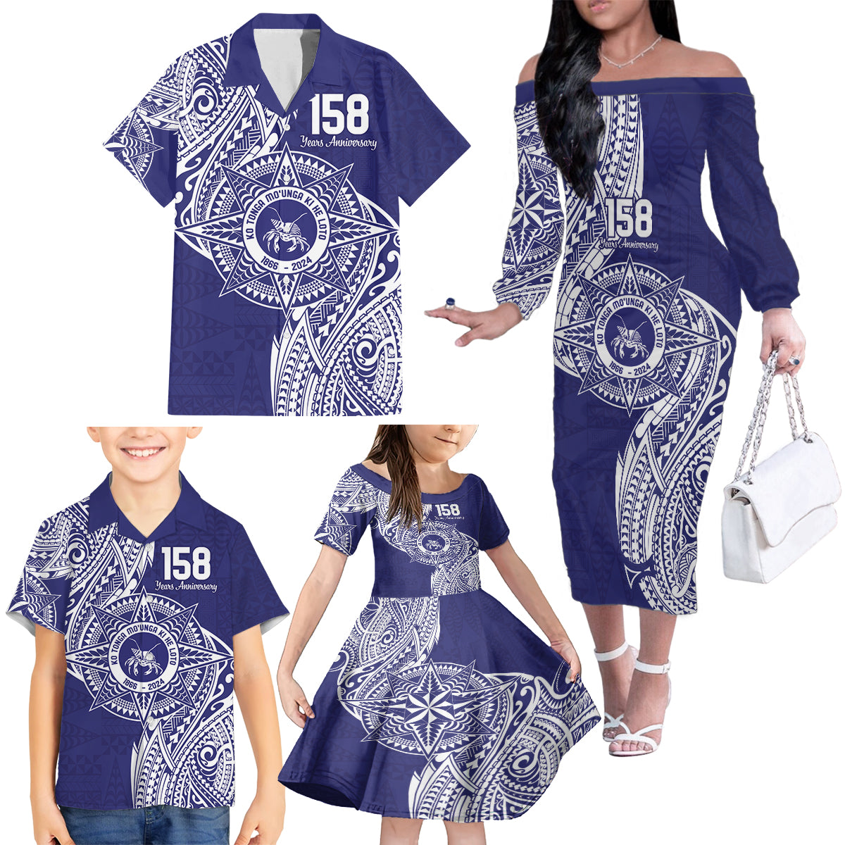 Personalised Tonga Tupou College Tolo 158th Anniversary Family Matching Off The Shoulder Long Sleeve Dress and Hawaiian Shirt Special Kupesi Pattern