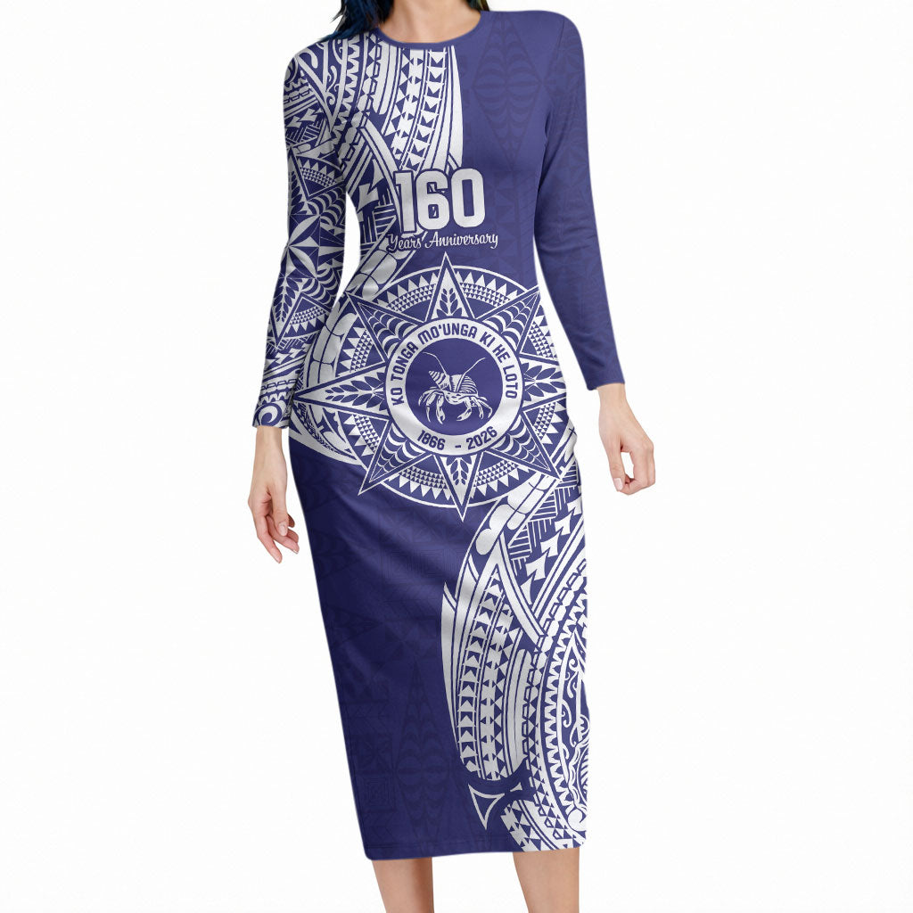 Personalised Tonga Tupou College Tolo 160th Anniversary Long Sleeve Bodycon Dress Special Kupesi Pattern LT9 Long Dress Blue - Polynesian Pride