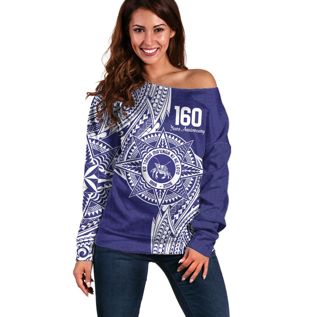 Personalised Tonga Tupou College Tolo 160th Anniversary Off Shoulder Sweater Special Kupesi Pattern LT9 Women Blue - Polynesian Pride