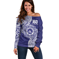 Personalised Tonga Tupou College Tolo 160th Anniversary Off Shoulder Sweater Special Kupesi Pattern LT9 Women Blue - Polynesian Pride